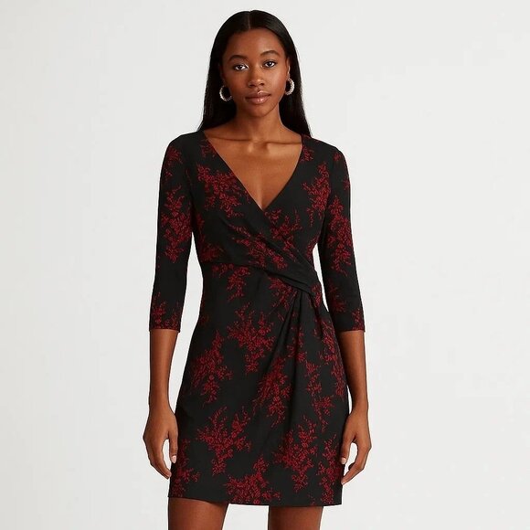 Lauren Ralph Lauren Dresses & Skirts - LAUREN RALPH LAUREN Faux Wrap Size 6 S Red Black Floral Side Ruch Dress V Neck